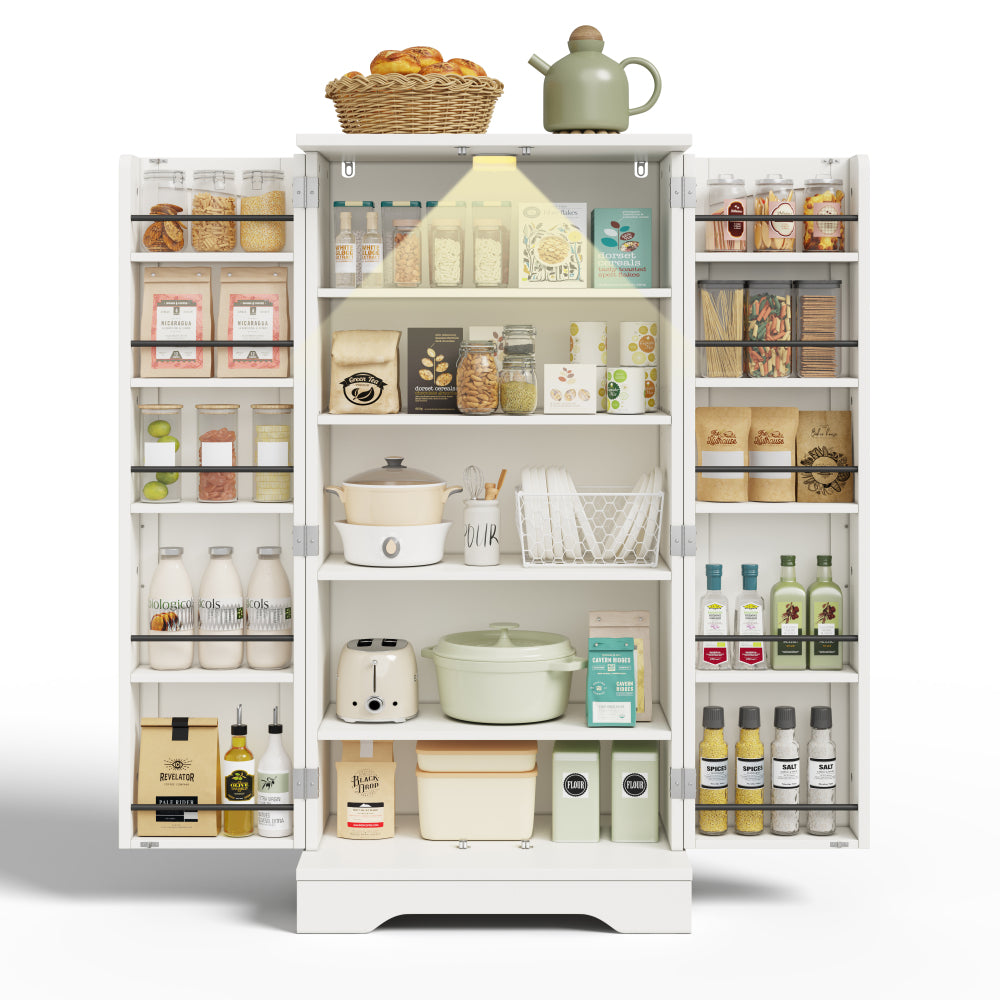 Large-Capacity Double-Door Storage Cabinet | Adjustable Shelves, Door Shelves, Suitable for Kitchens, Dining Rooms, or Living Rooms, White, Metal, Contemporary Style