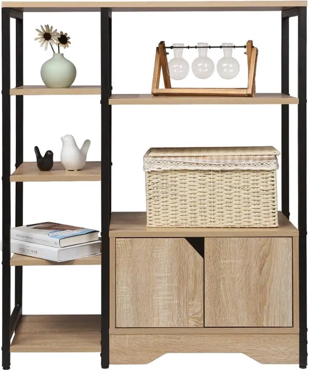 Boekenkast - 80x35x97cm - met Kastje - 5 Lagen - MDF en Metaal - Licht Eiken Kleur - 6-laags - Houten Boekenplank - Opbergrek - Staande Plank - Hoekboekenkast - Organizer voor Woonkamer en Kantoorkeuken