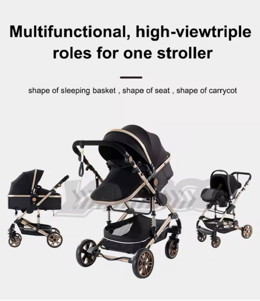Multifunctionele 3-in-1 Combi Wandelwagen - Opvouwbare Wandelwagen - Autostoel - Inclusief Mamatas - Zwart Goud