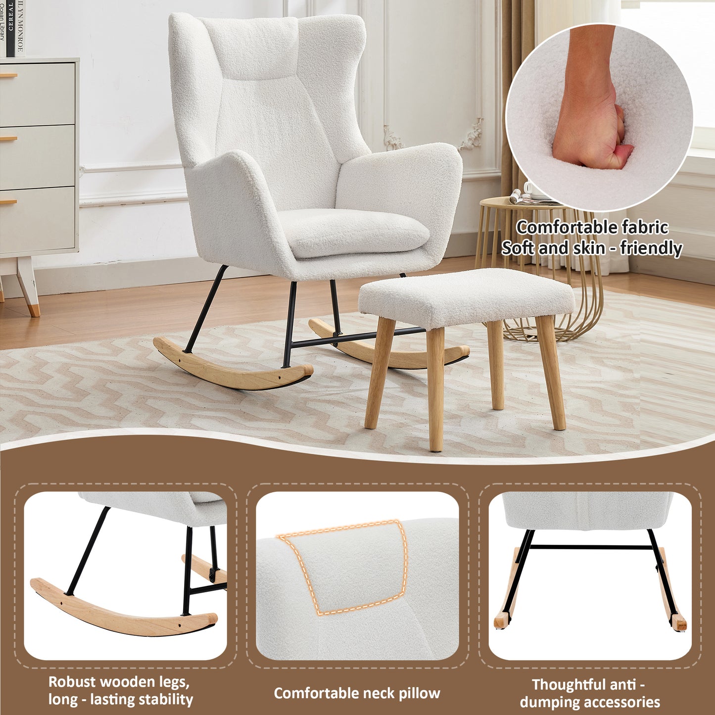 Schommelstoel – Schommelstoel Met Voetenbank – Relaxstoel – Fauteuil – Lounge Stoel – Ergonomisch Ontwerp – Zachte Teddy Bekleding – Wit – 30° Schommelbeweging – Afneembaar Kussen