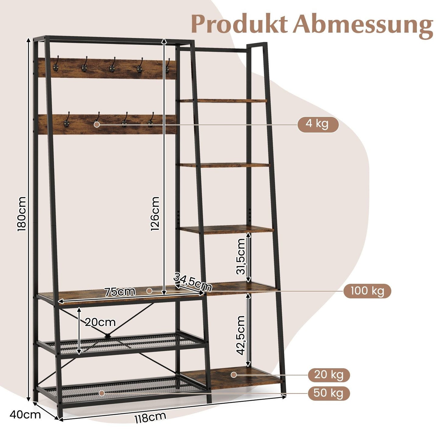 5-In-1 Schoenenrek – Schoenenbank – Kapstok – Opbergmeubel – Entree-Organizer – Stevig Metalen Frame – 9 Haken & 5 Planken – Zwart Met Houtkleur