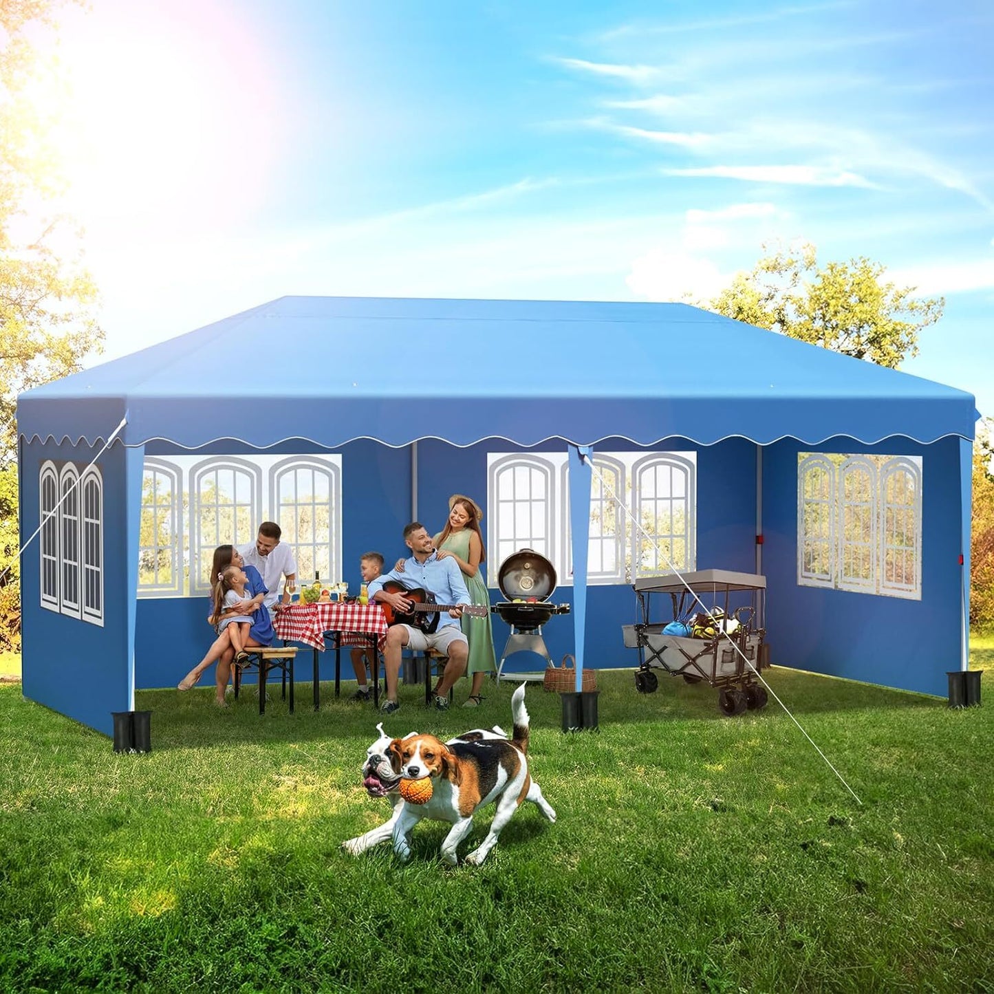 Partytent – Pop-Up Tuinfeesttent – Tuinoverkapping – Schaduwtent – Markttent – Waterdicht 420D Oxford – Verstelbare Hoogte - 3x6m - Blauw