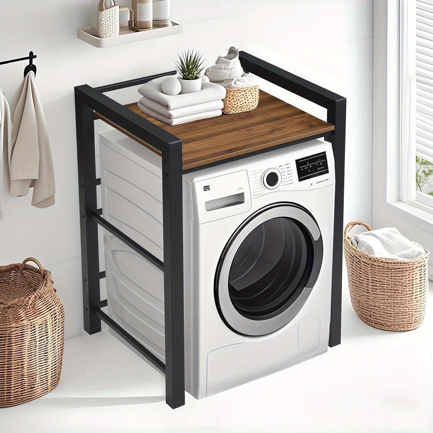 Wasmachine Rek – Wasmachine Ombouw – Wasmachine Kast – Droger Rek – Opbergrek – Zwart Metaal – Stabiel 350 kg Draagvermogen – Ruimtebesparend Stapelbaar Design