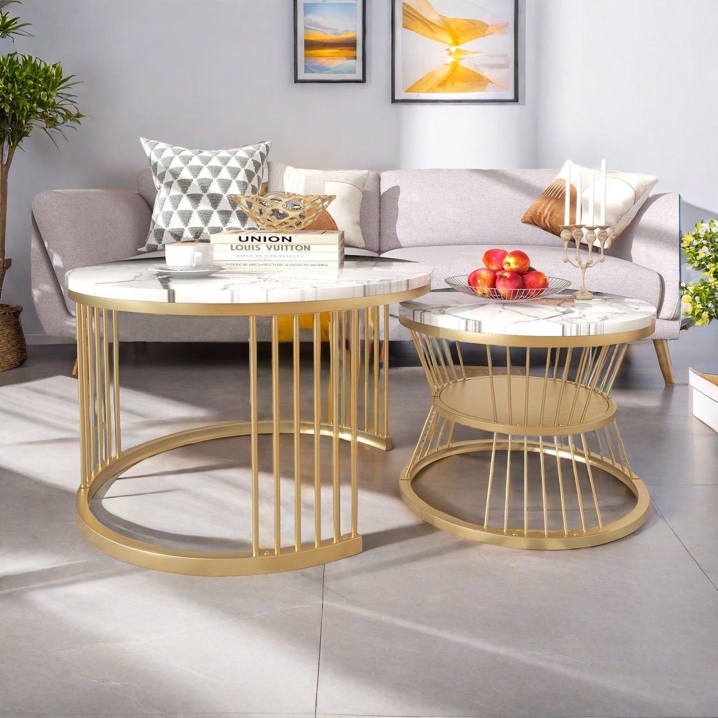 Salontafel – Koffietafel – Bijzettafel – Lage Tafel – Ronde Tafel – Set Van 2 – Marmerlook – Metaal – Groot 70x70x45 cm & Klein 45x45x40 cm