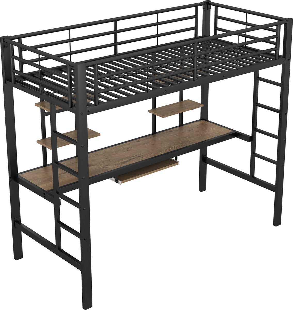Kinderbed - Zonder Matras - Zonder Stoel - Metalen Bedframe met Bureau en Twee Boekenplanken - Geschikt voor Kinderen - Tieners en Volwassenen - 90x200 cm - Zwart