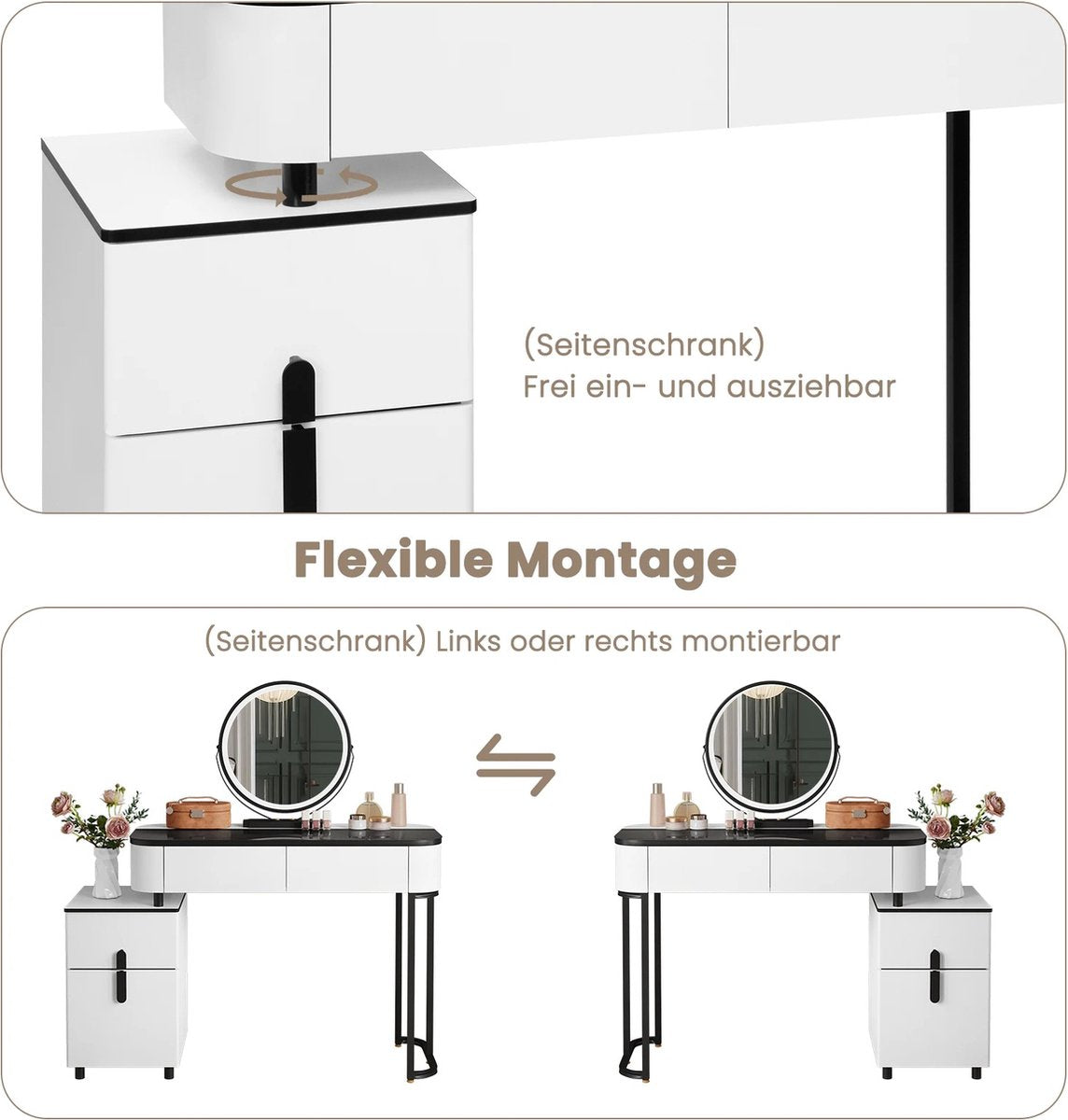 Dressing table - Make up table - Dressing table - Round mirror with LED lighting - Lots of storage space - Black and white - Drawers - Cabinets - 100cm surface - Girls - Women - Multiple configurations possible