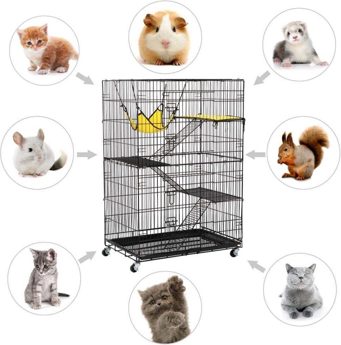 4-tier pet cage with wheels - large cage - height 123 cm - 2 doors - Black