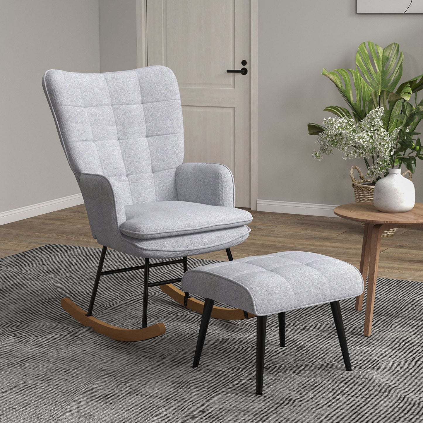 Draaifauteuil – Draaistoel – Fauteuil – Relaxstoel – Loungestoel – Lichtgrijs – Beukenhouten Onderstel – Gestoffeerd Met Quiltpatroon – 64x89x90 cm