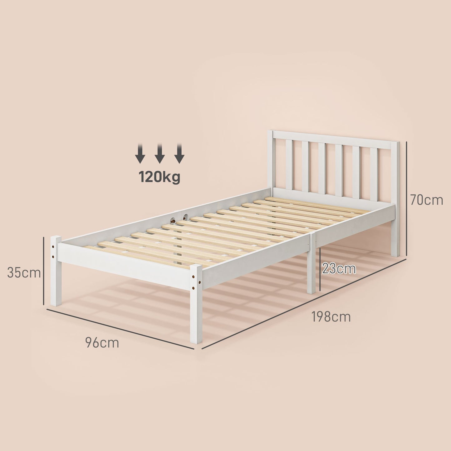 Bedframe – Bedbodem – Tienerbed – Eenpersoonsbed – Ledikant – Houten Frame – Inclusief Hoofdeinde – Voor Matras 90x190 cm – Belastbaar Tot 120 Kg – Wit