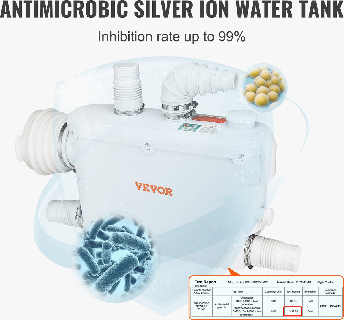 Rioollift - Ingebouwde Terugslagklep - 500W - 8m Opvoerhoogte - 6600l/U - 2900rpm - Olie Om Heet Water Te Weerstaan - Effectieve Antimicrobiële - Geschikt Voor Toiletten - Douches - Wasruimtes - Badkamers
