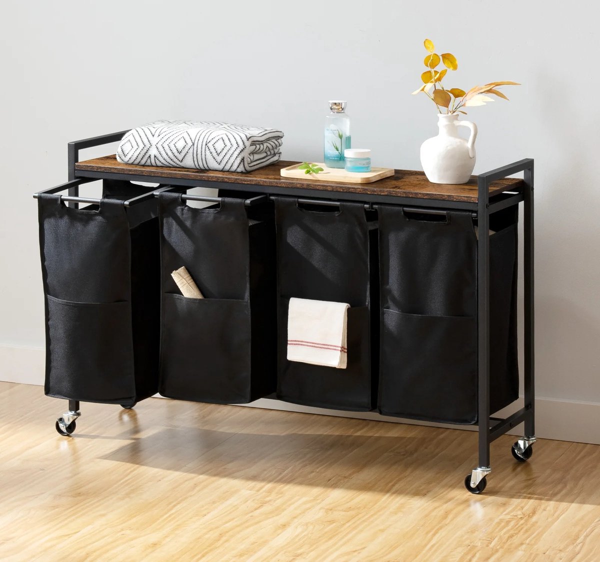 Wasmand met wielen - Waskar - Wasmand Met Plank - Oxford Stoffen Waszak - Stevig en Stijlvol - Rustiek Bruin - 110.5x33x74.5cm