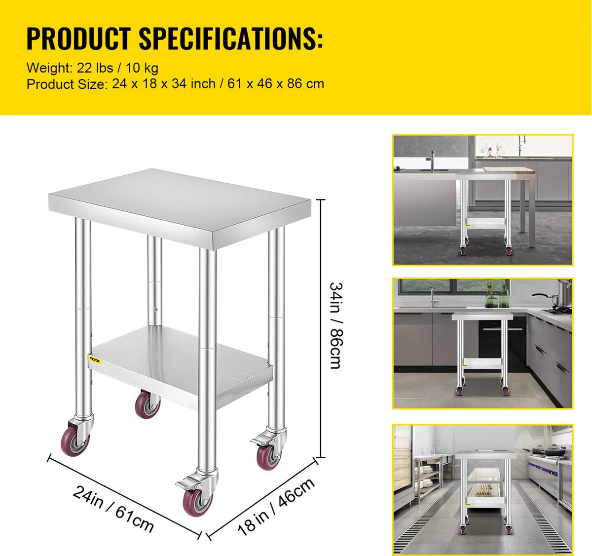Commerciële Keukentafel - 2 Planken - Roestvrij Staal - 150kg Laadvermogen - Voedselbereidingstafel met Vier 360 Graden Roterende Wielen - Verstelbare Onderplank - 61 x 46 x 86 cm - Zilver