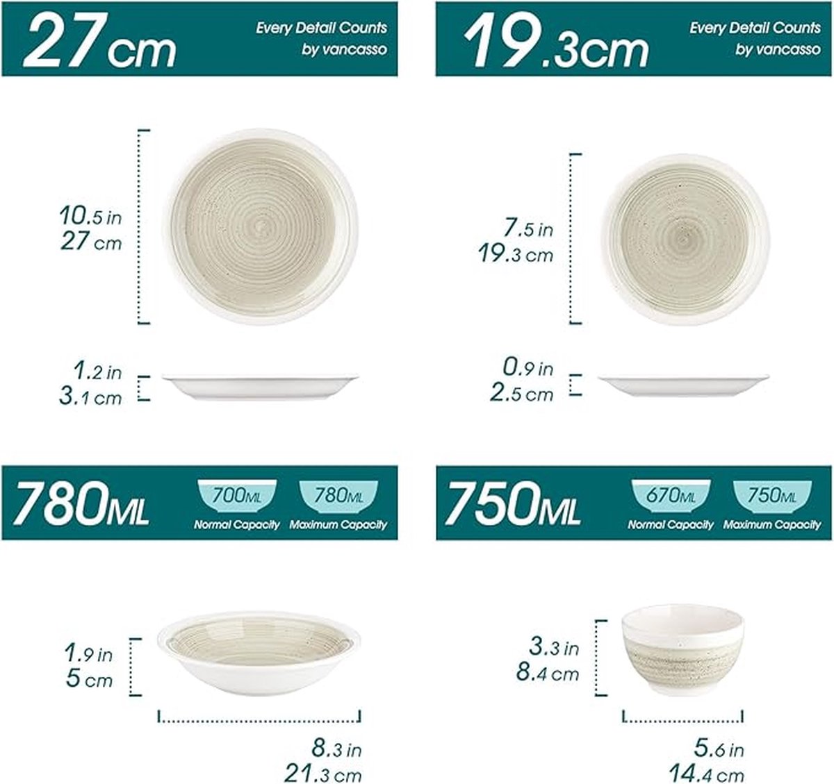 Luxe Serviesset – 16 Delig – 4 Persoons – Keramiek - Bordenset – Dinnerplaten – Dessertborden - Kommen - Pastakom - Beige