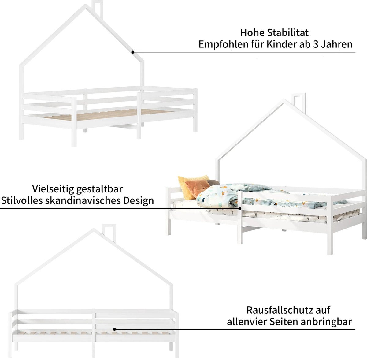Children's House Bed - Solid Wood - Slatted Base - Pine House Bed With Roof - White - 90x200cm