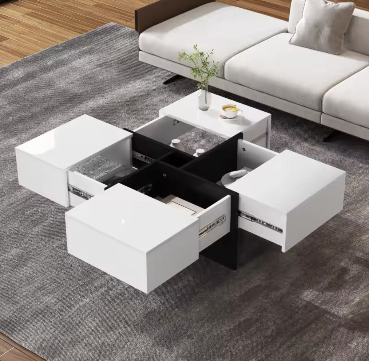 Salontafel - Hoogglans salontafel - Vierkant salontafel - 4 Lades - Uitschuifbaar - Hoogglans wit - 70x70x35cm