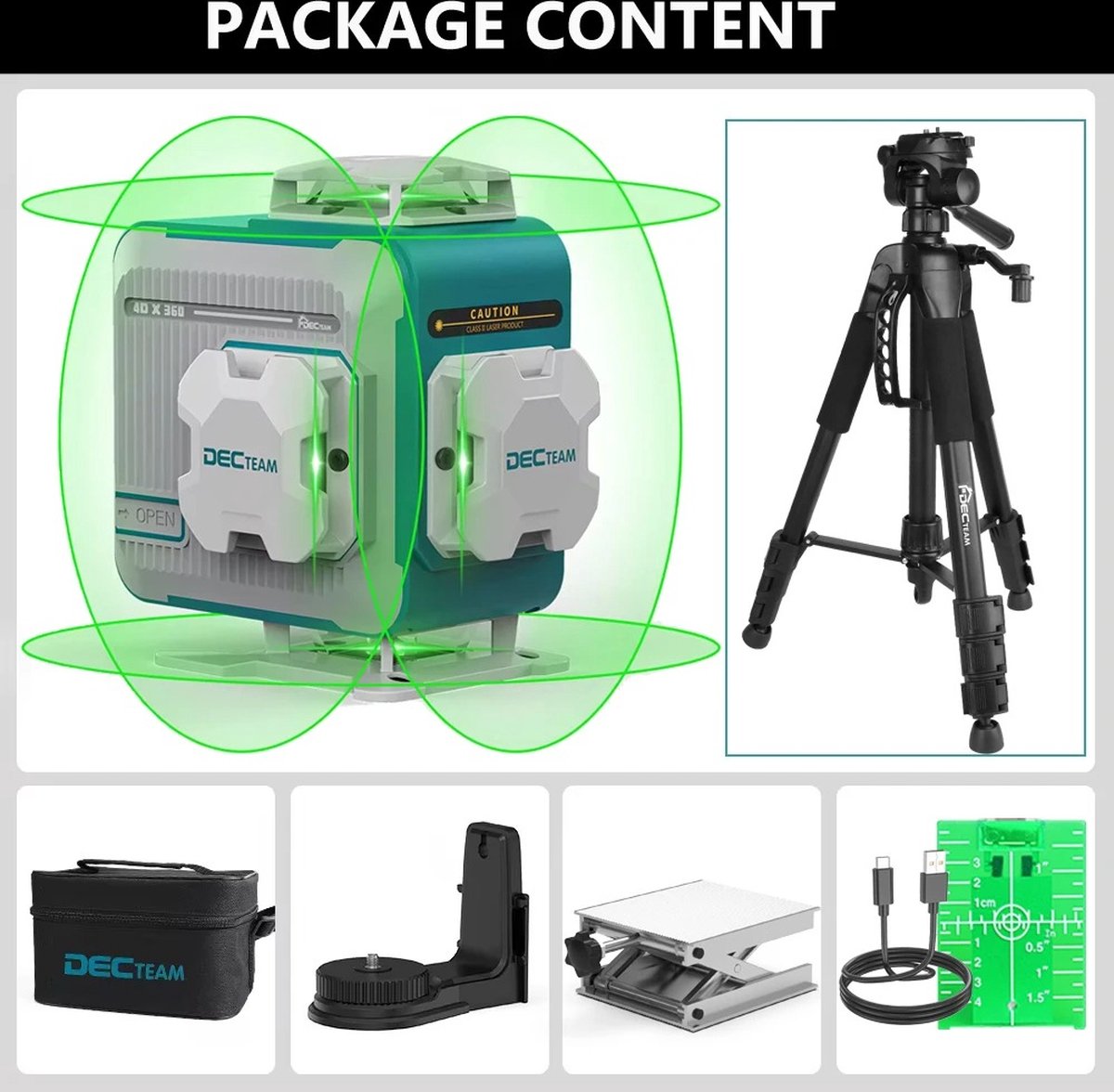 Distance meter - Cross line laser - Laser level - Line laser - 4D - 4/8/12/16 lines - Adjustable - 525Nm - 2600Mah - Green - With tripod - With accessories