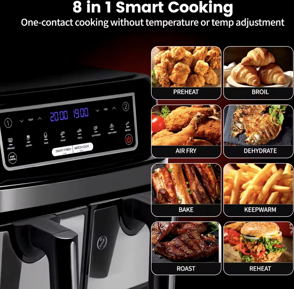 Airfryer - Double Airfryer - Large airfryer - Hot air oven - Hot air fryer - XL Airfryer - 9L - 2 Drawers - Black