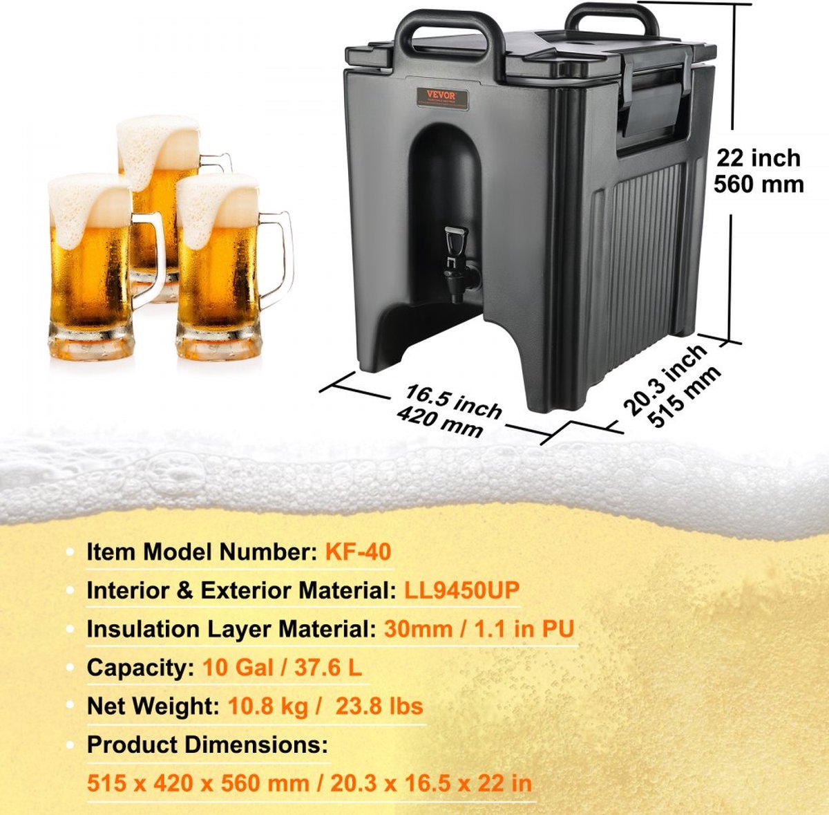 Frisdrankautomaat - Drankautomaat - 37,6L, LDPE Warm en Koud Water Fontein - Grote Drankautomaat met Kraantje voor Koffie, koude melk, water, sap - Geïsoleerde Kan