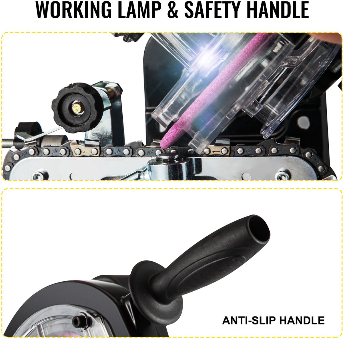 Aluminium Kettingzaag - Zaagkettingslijper - 230W - 3000 RPM - Werklamp & Antislip handvat - Kantelbare bankschroef - 5,5 Inch Slijpschijven - Breed toepasbaar