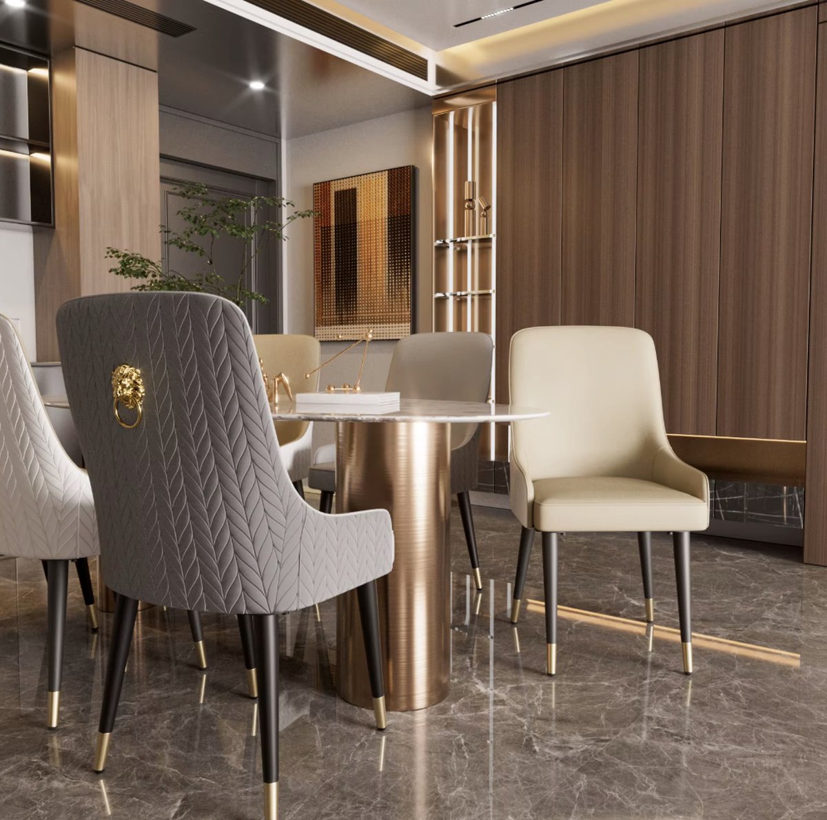 Dining Room Chairs - Dining Table Chairs - PU Leather - 2 Pieces - Golden Lion Pull Ring - Cream White