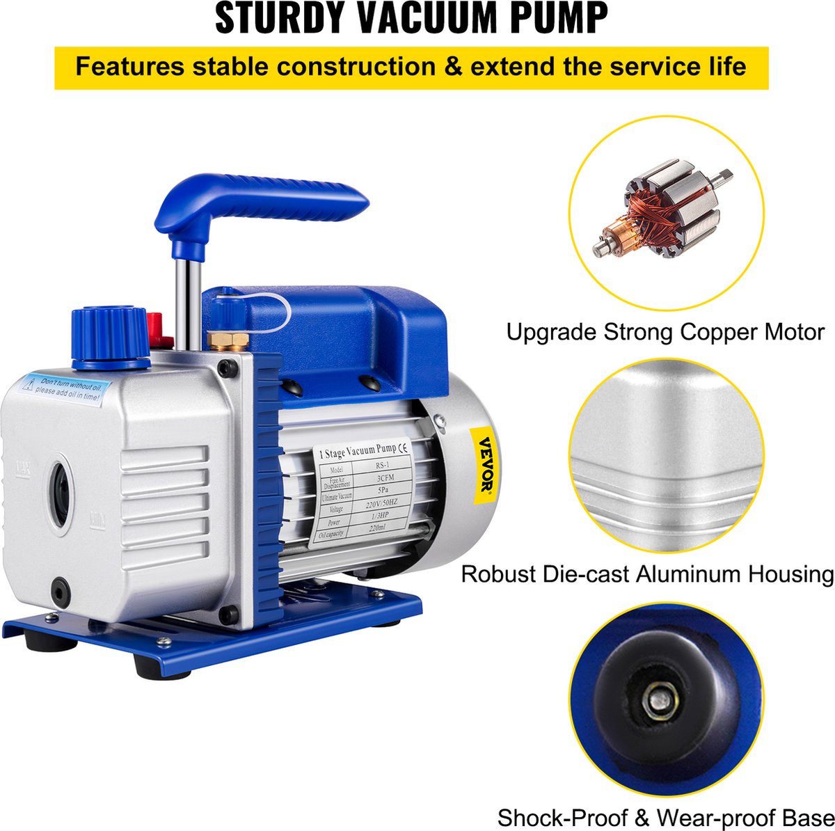 Vacuümpomp - 3CFM - 1Traps - Airconditioningpomp - 220ml Olie Capaciteit