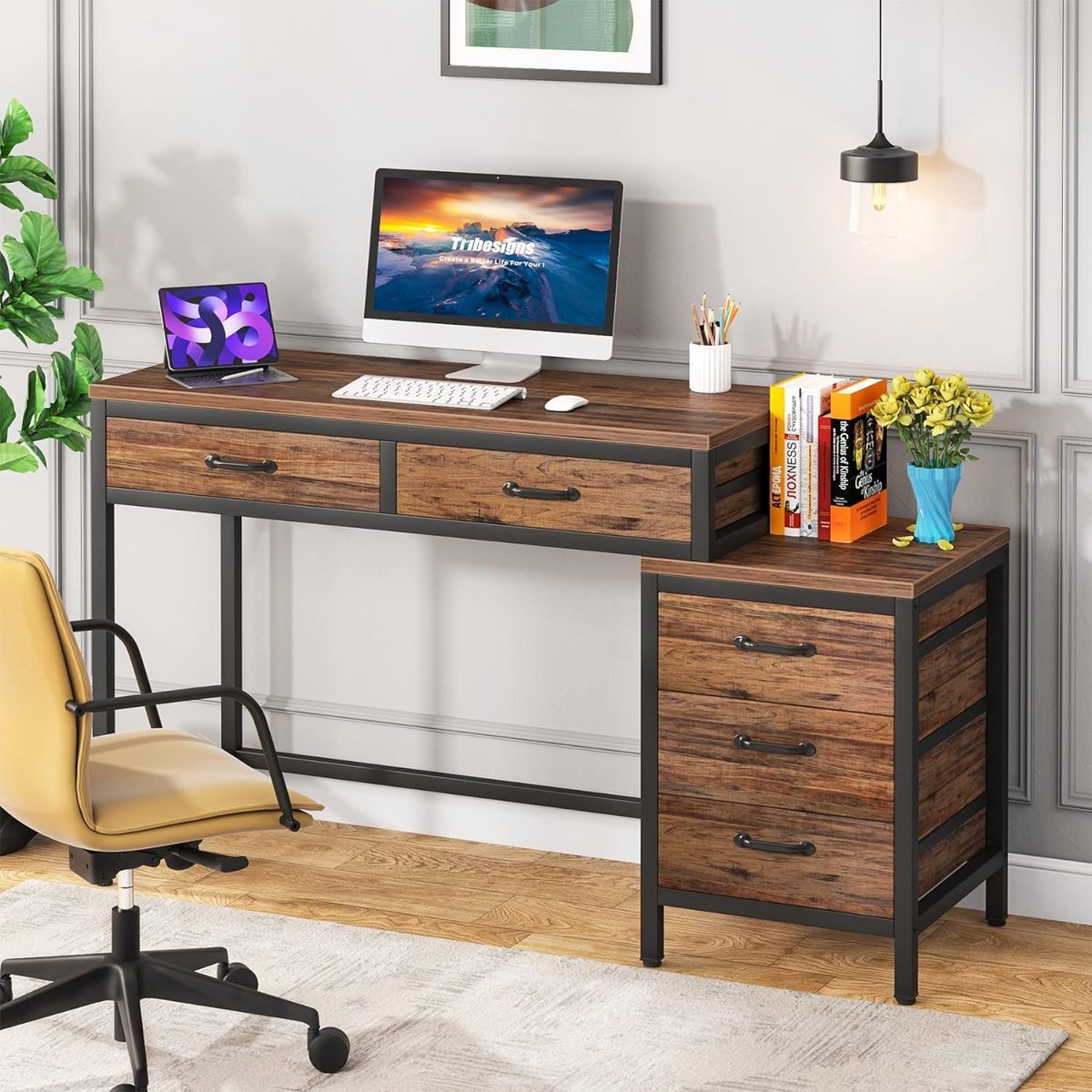 Bureau - Bureau met 5 Schakelbare Ladekast - Computerbureau - Computer Tafel - Bureautafel Bruin - 130 x 45 x 82 cm