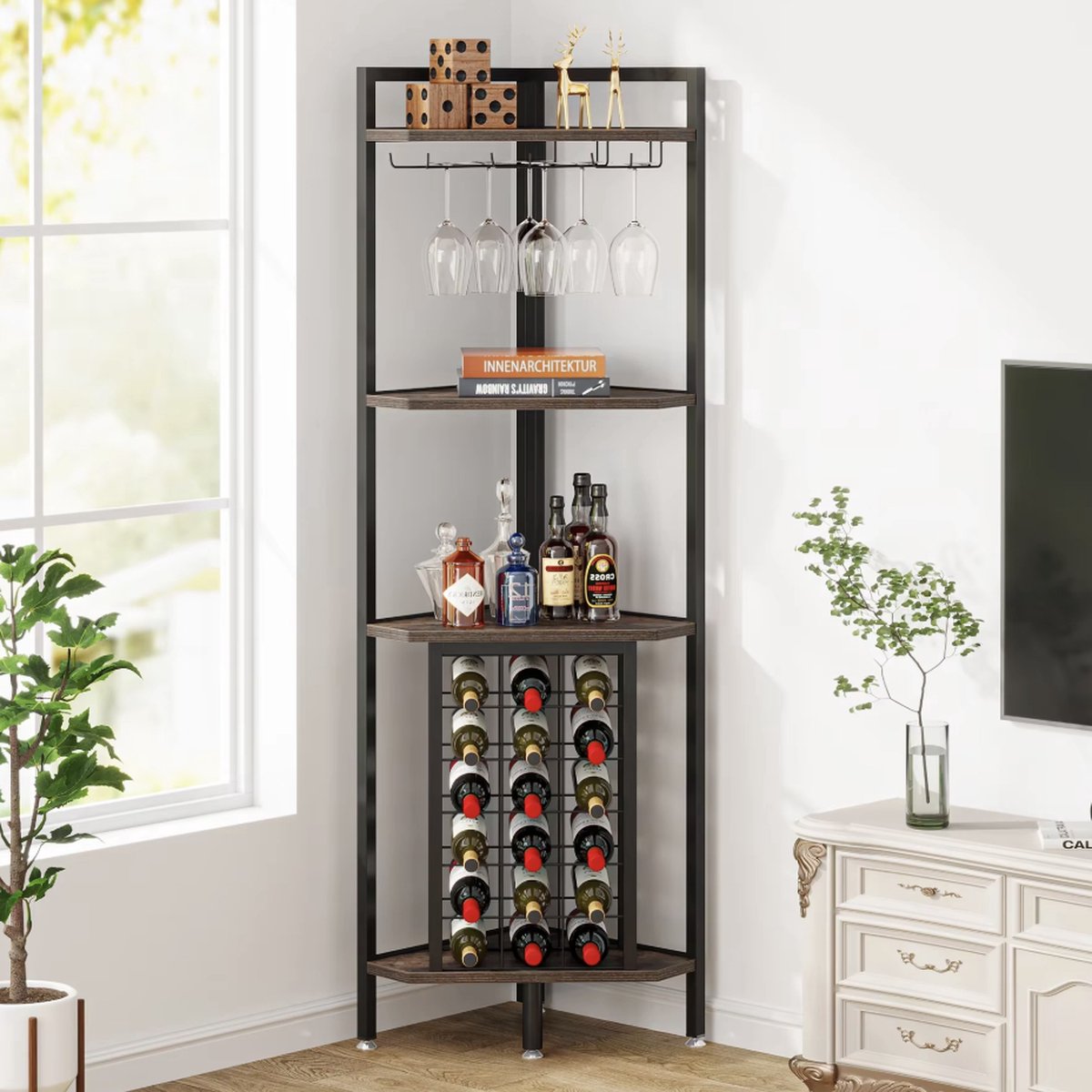 Wine cabinet - Wine rack - Beverage cabinet - Corner cabinet - Cupboard - With glass rack - Industrial - Wood and metal - Brown/Black