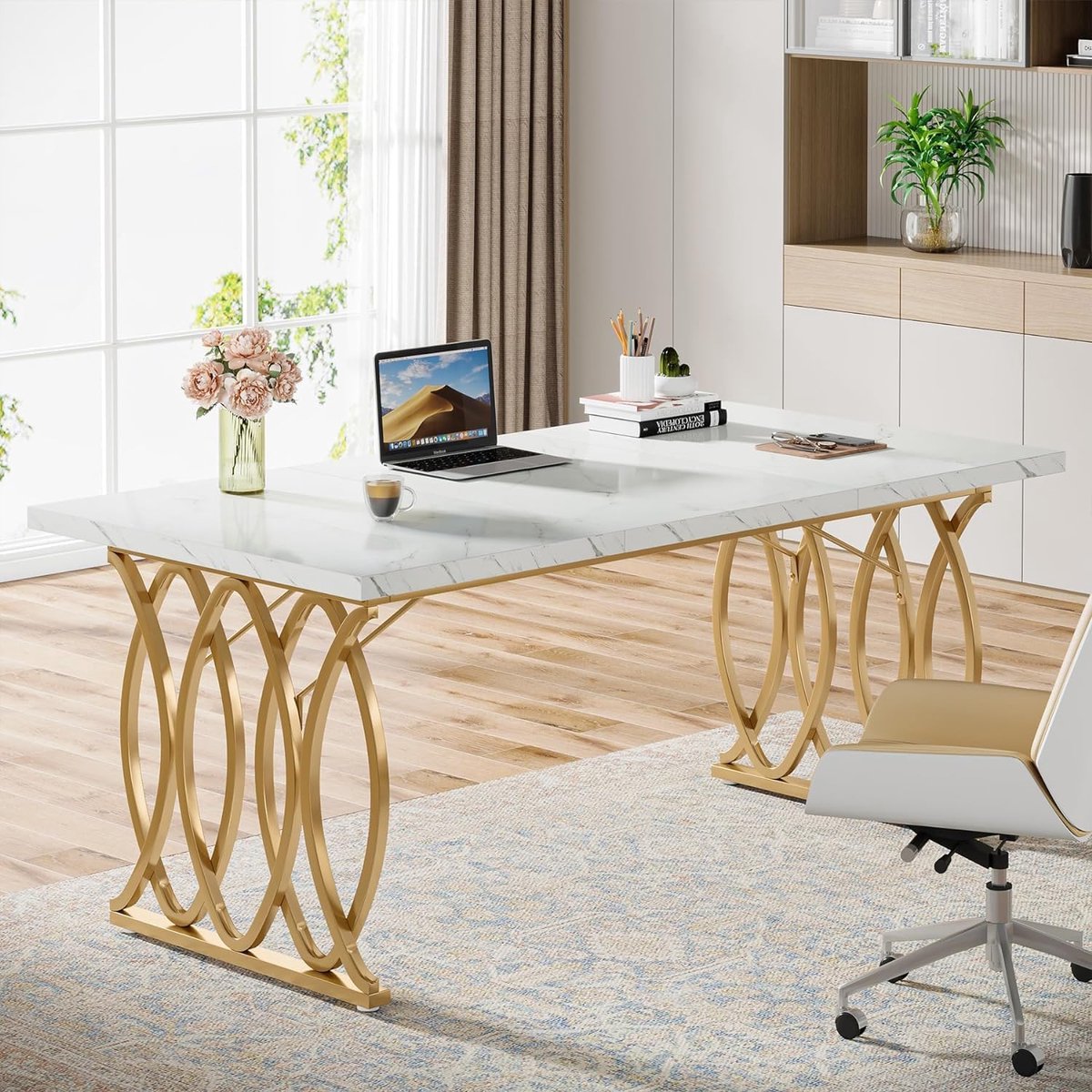 Computertafel - Bureau voor Thuiskantoor - Met Gouden Poten - Modern - Goud en Wit - 160 x 80 x 75 cm