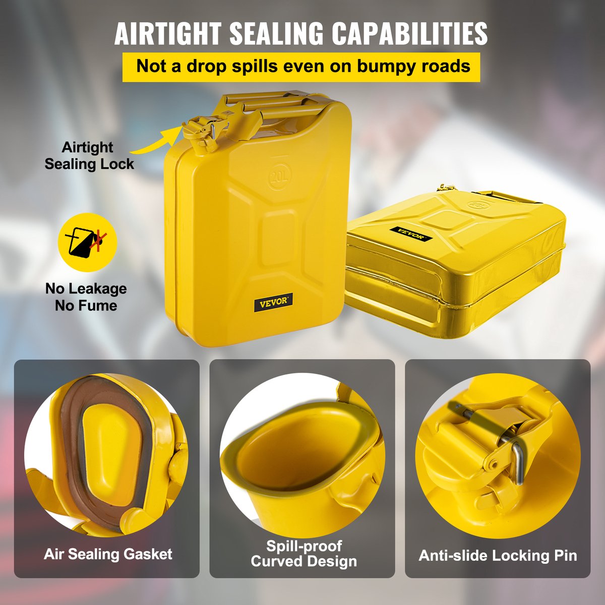 Benzinejerrycan - 0.8 mm Dik Koudgewalst Staal - 30 x 15 x 18.5 Inch 20 Liter - met Ergonomische Handgrepen - met Flexibele Uitloopauto's - Geel