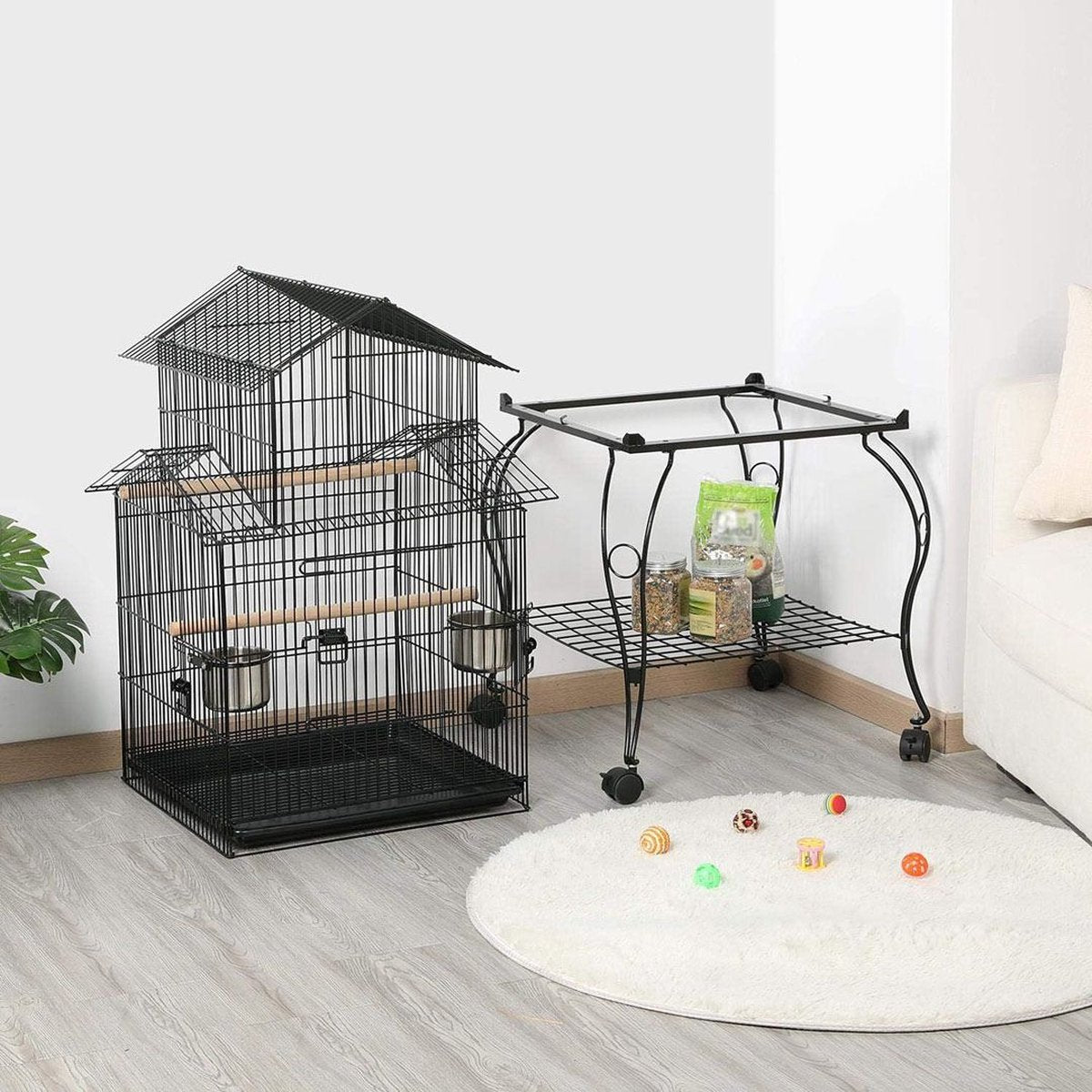 Luxe Grootte Papegaaienkooi op Wielen - Parkietenkooi - Grote Vogelkooi voor Binnen - Inclusief Speelgoed - Met Badhuis - 59x59x140cm - Zwart