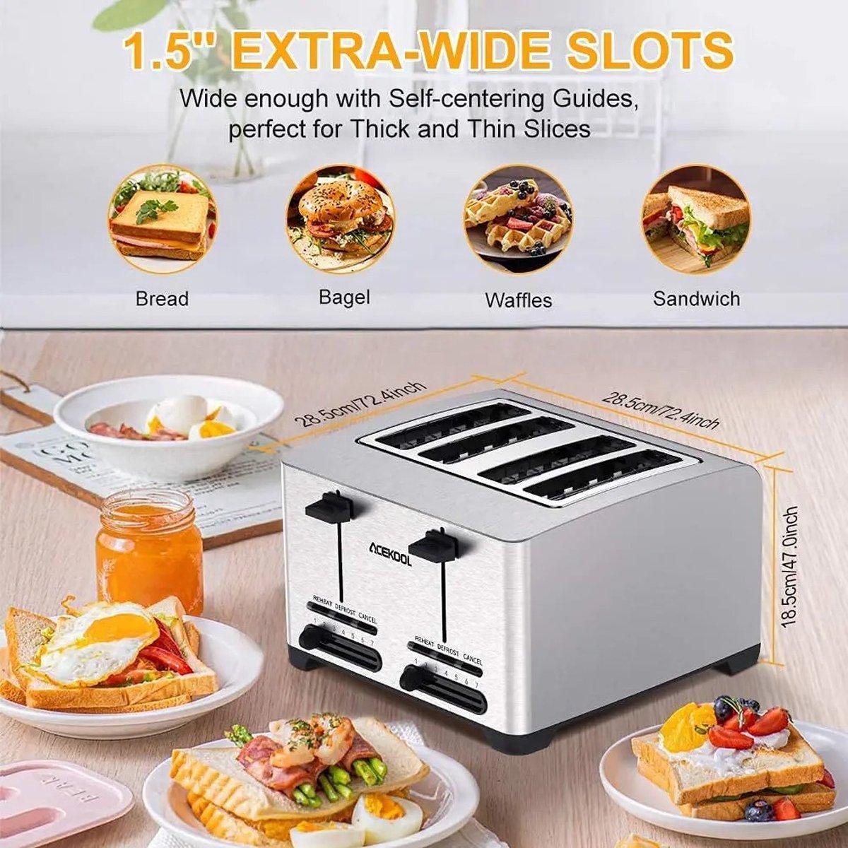 RVS Broodrooster - Toaster - 4 Sneden - Extra Brede Sleuven - 7 Warmteniveaus - 1500W - Gescheiden Dubbele Bediening - Ontdooifunctie