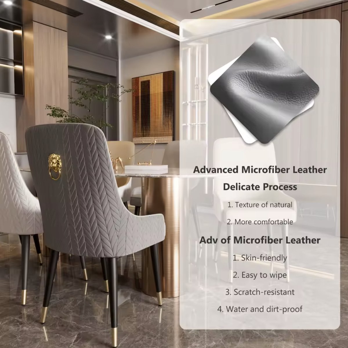 Eetkamer Stoelen - Eettafel stoelen - PU Leder - 2 stuks - Gouden leeuwen trekring - Grijs/Wit - Zwarte Poot