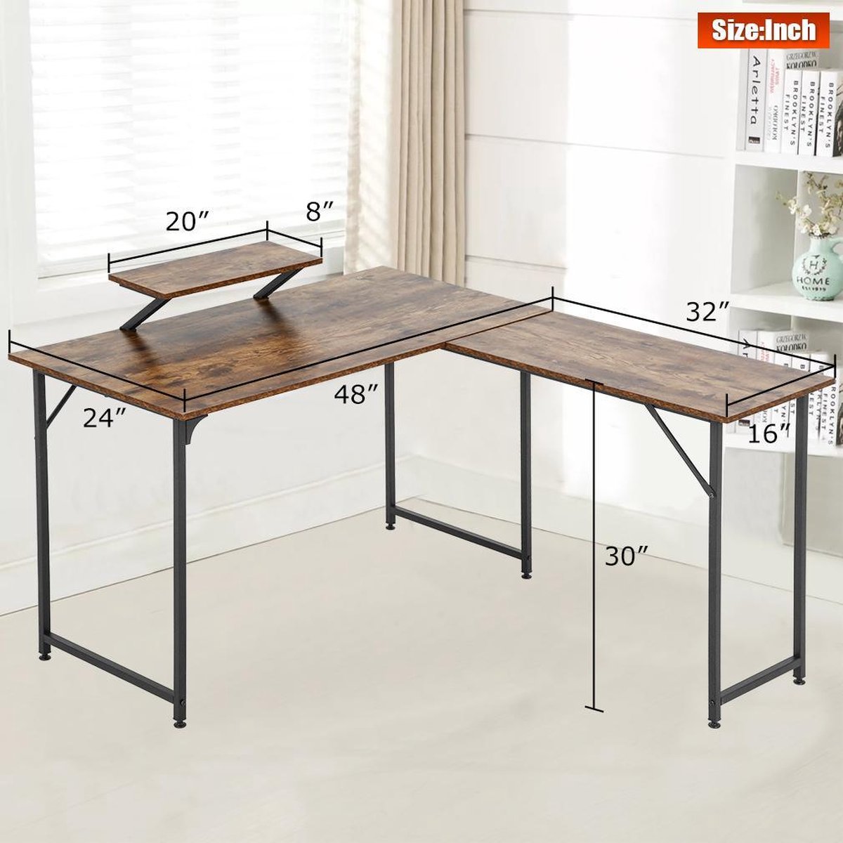 VINTAGE Vintage Hoekbureau - Moderne stijlvolle design - 122x142x76cm - Bruin/Zwart