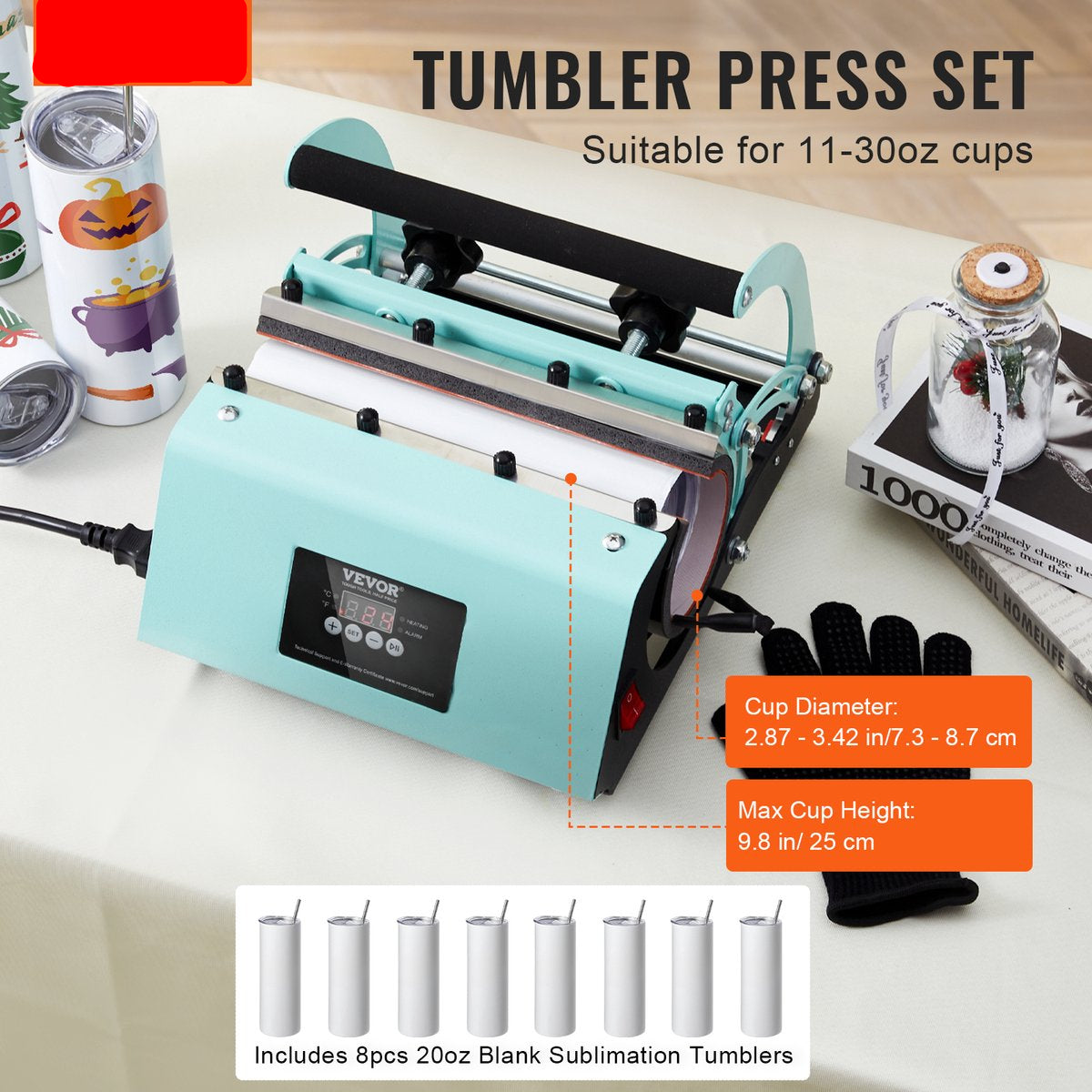 Tumbler Hittepers en - Sublimatiemokken - RVS - Temperatuurbereik 0-250℃ - Met 8 Stuks - 20oz - Lege Mokken - Mokpers voor 11-30oz Tumblers - Met Warmteoverdrachtpapier - Handschoenen - 36,5 x 28 x 19,7 cm - Lichtgroen