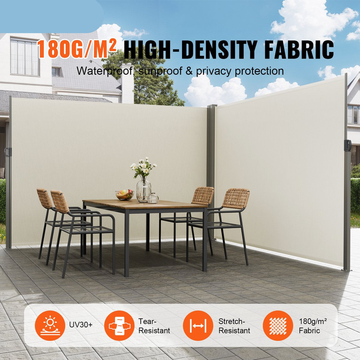 Zijluifel - Gemaakt van 180 g/m² Polyesterweefsel met PU-coating, 200 x 600 cm, met Uitschuifbare Handgreep en Veermechanisme, voor Balkons en Terrassen, Beige