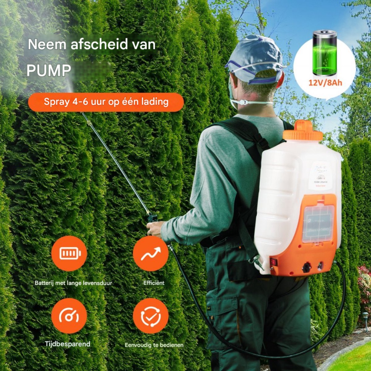 Tuinsproeier Rugspuit - Buitenrugspuit - voor Onkruidbestrijding en Reiniging - Verstelbare druk - 4 Gallon Tank - Wit & Oranje
