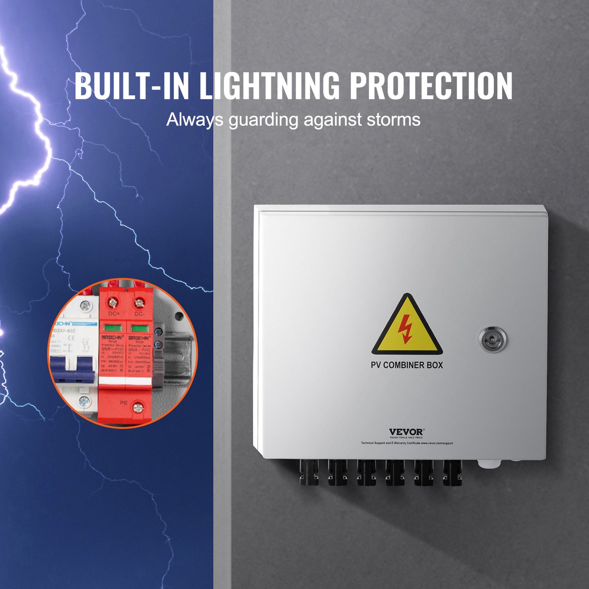 Solar PV-Combinatorbox, 6-Snaar, 15A - Stalen Behuizing - met Bliksembeveiliging - 15A DC - Zekeringen en een Stroomonderbreker Ondersteunt - IP65 Stof- en Waterbarrière - voor Zonne-Energiesystemen op en Buiten het Elektriciteitsnet