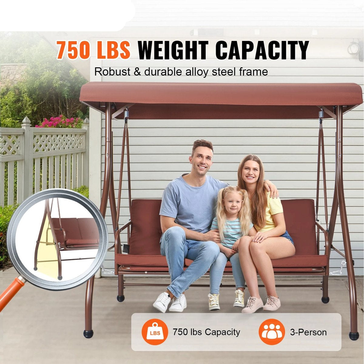 3-Zits Schommelstoel - Schommelstoel - Plek Voor 3 Personen - Incl Verstelbare Luifel - Verwijderbaar Kussen - Ideaal Voor Veranda, Tuin Of Patio - Kleur Bruin - 174X110X152 CM