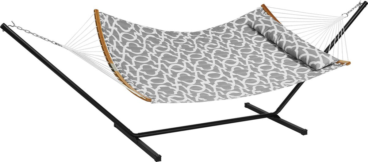 1,4 x 1,9m hangmat - 2 personen - dubbele hangmat met gebogen spreidstok - met opbergtas - verwijderbaar kussen en draagbare draagtas - 200 kg - grijs en wit - T-vormige standaard