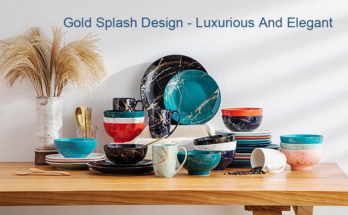 Serviesset - Ceramisch - Donkergroen/Goud - 16-delig - Ontwerp Door Goud Splash - Dinerbord - Dessertbord - Kommen - Koffiekoppen