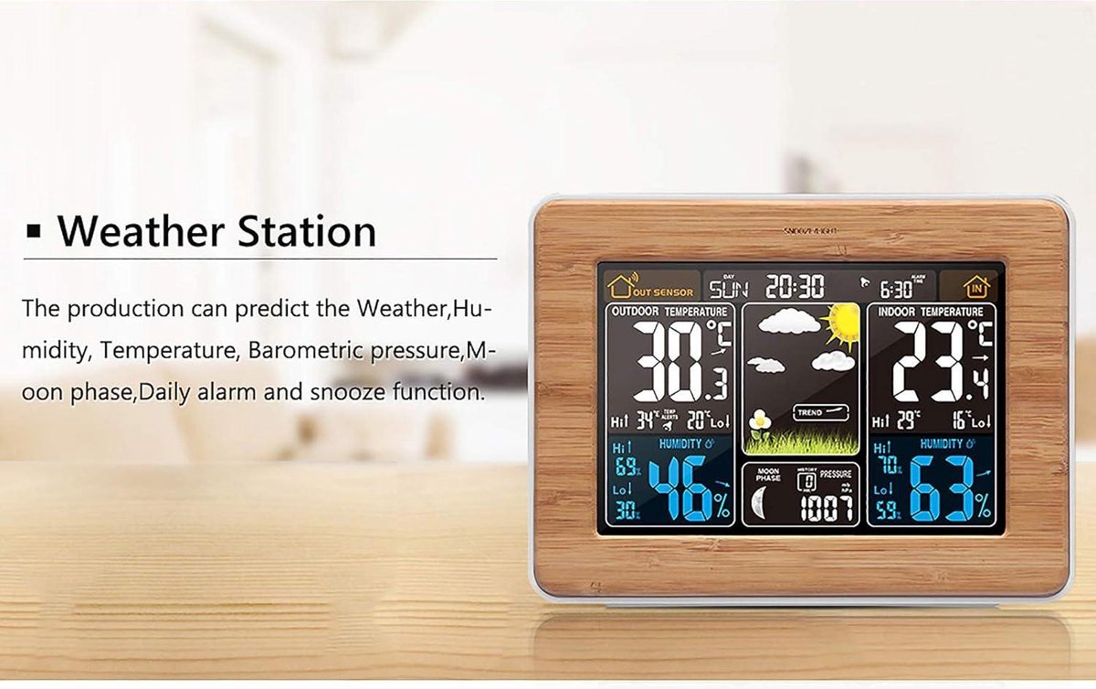 Draadloos Weerstation - met Buitensensor - DCF-Radioklok - Digitaal Kleurendisplay - Weersvoorspelling - Temperatuur - Luchtvochtigheidsalarm Binnen