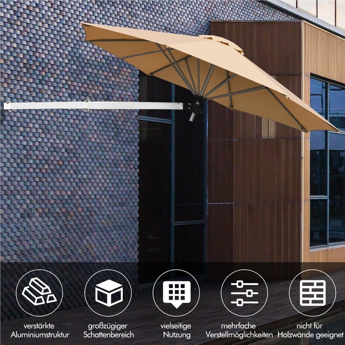 Zonnescherm Muurparasol – Balkonparasol – Muurgeïnstalleerde Parasol – Tuinparasol – Kantelbare Schermparasol – Ø 247 cm – Aluminium Frame – Beige