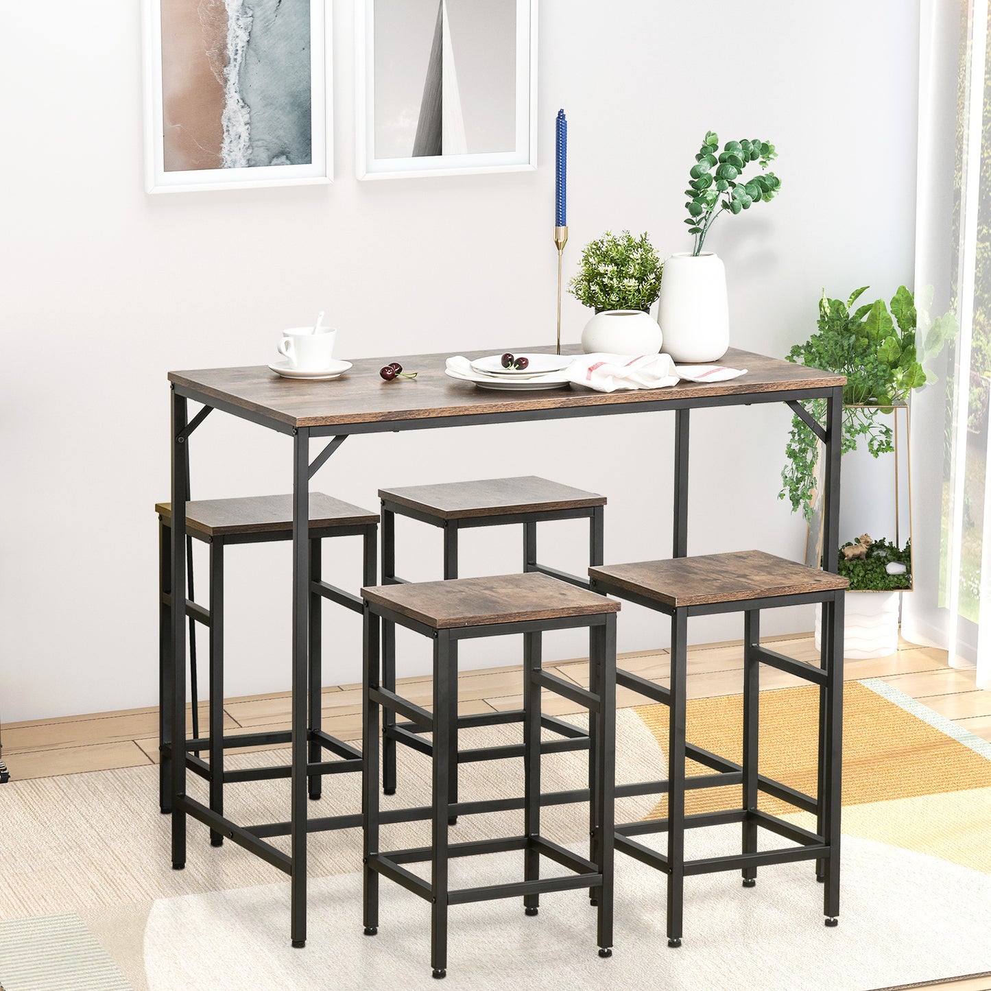 Barkastel – Bartafel Set – Bar Meubel – Barkrukken – Bar Stoelen – Industrieel Design – Space-Saving Compact – Melaminehout En Stalen Frame – Rustiek Bruin Zwart