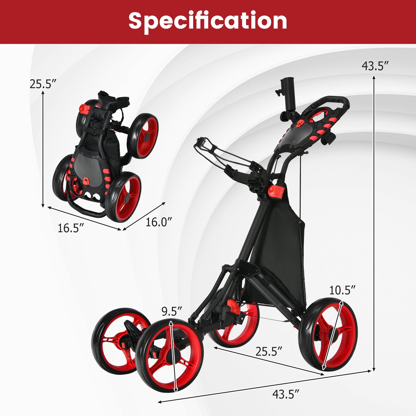 Golftrolley – Golfwagen – Golfkar – Golf Push Cart – Golf Caddy – Lichtgewicht Aluminium Frame – 4 Wielen Met Voetrem