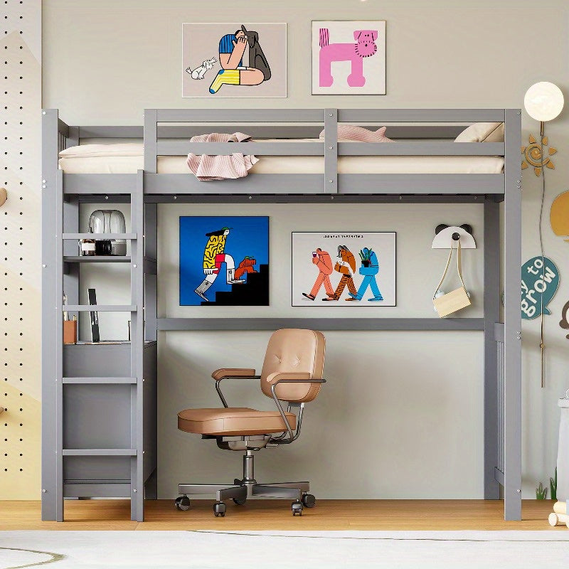 Hoogslaper – Eenpersoonsbed – Stapelbed – Bed met Opberglades – Bed met Ladder – 90x200 cm – Grijs Metaal – Ruimtebesparend Design – Stevige Metalen Constructie