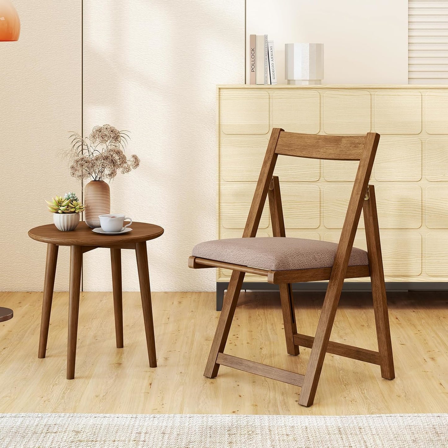 Opvouwbare Stoelen – Klapstoelen – Vouwstoelen – Eetkamerstoelen – Stapelbare Stoelen – Rubbenhouten Frame – Zachte Faux Sherpa Bekleding – Set van 2