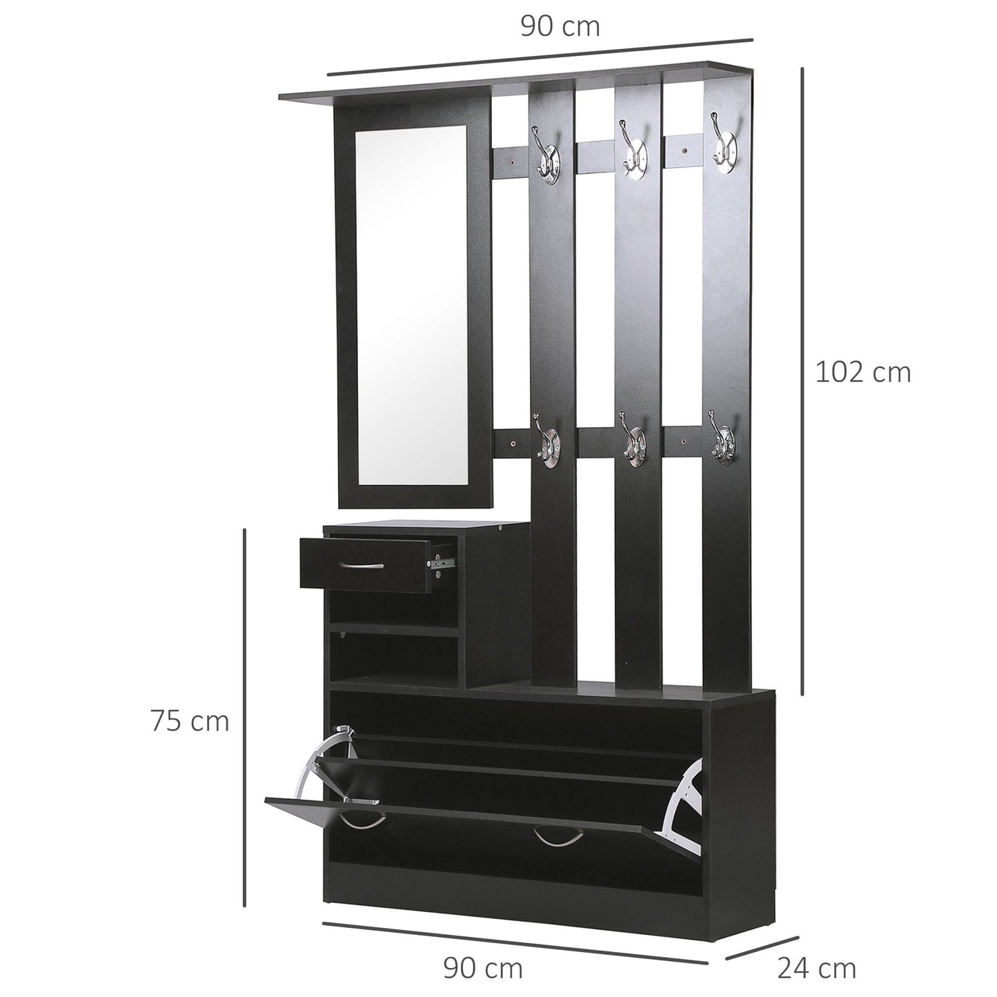 Schoenenkast – Schoenenrek – Halmeubel – Schoenenopberger – Kapstok – Modern Design – Zwart Spaanplaat – Met Spiegel en 6 Dubbele Haken