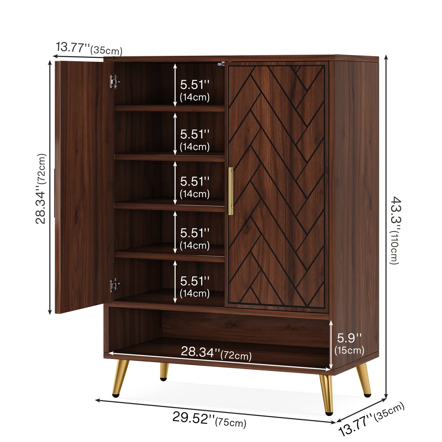Schoenenkast – Schoenenverzameling Opberger – Schoenenrek – Schoenendisplay – Walnoot Hout Variant – 6 Niveaus Met Verstelbare Planken – Luxe Gouden Poten