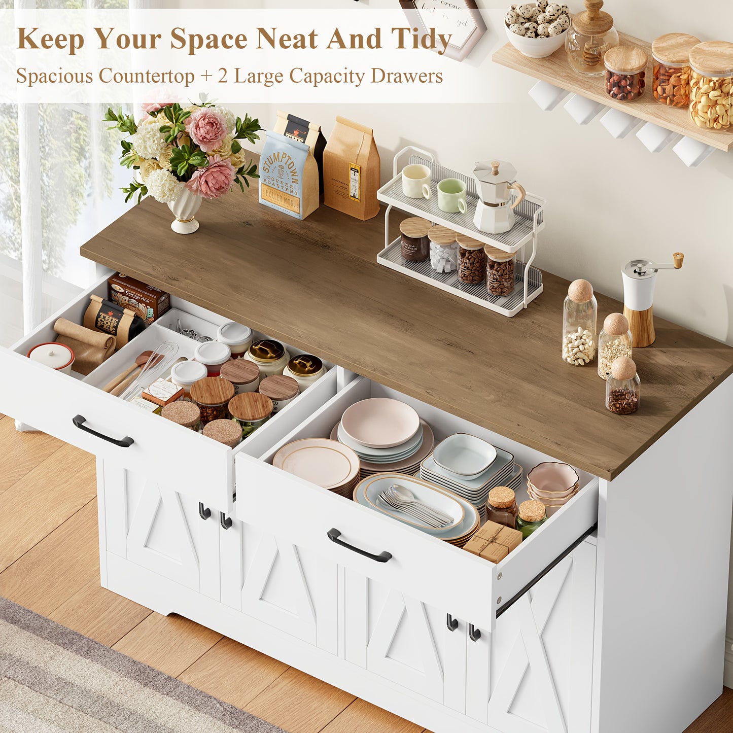 Dressoir – Sideboard – Opbergkast – Ladekast – Kast – Modern Design – 120 cm Breed – Wit Zwarte Accenten – Duurzaam Geperst Hout – 2 Lades & Deuren – Vrijstaand – 3,2+ Kubieke Voet Inhoud