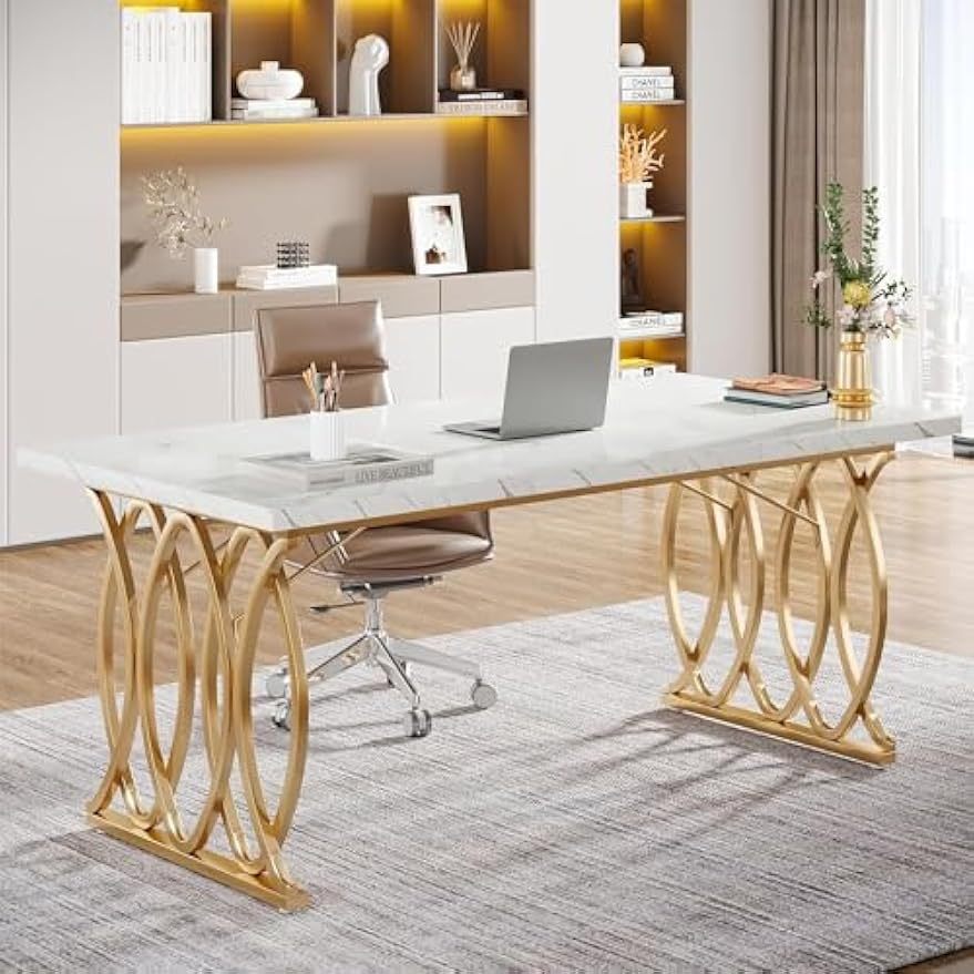 Bureau – Werkplektafel – Computertafel – Kantoorbureau – Vergadertafel – Wit-Gouden Design – Robuust Metaal Frame – 160 cm Breed – Verstelbare Voetjes